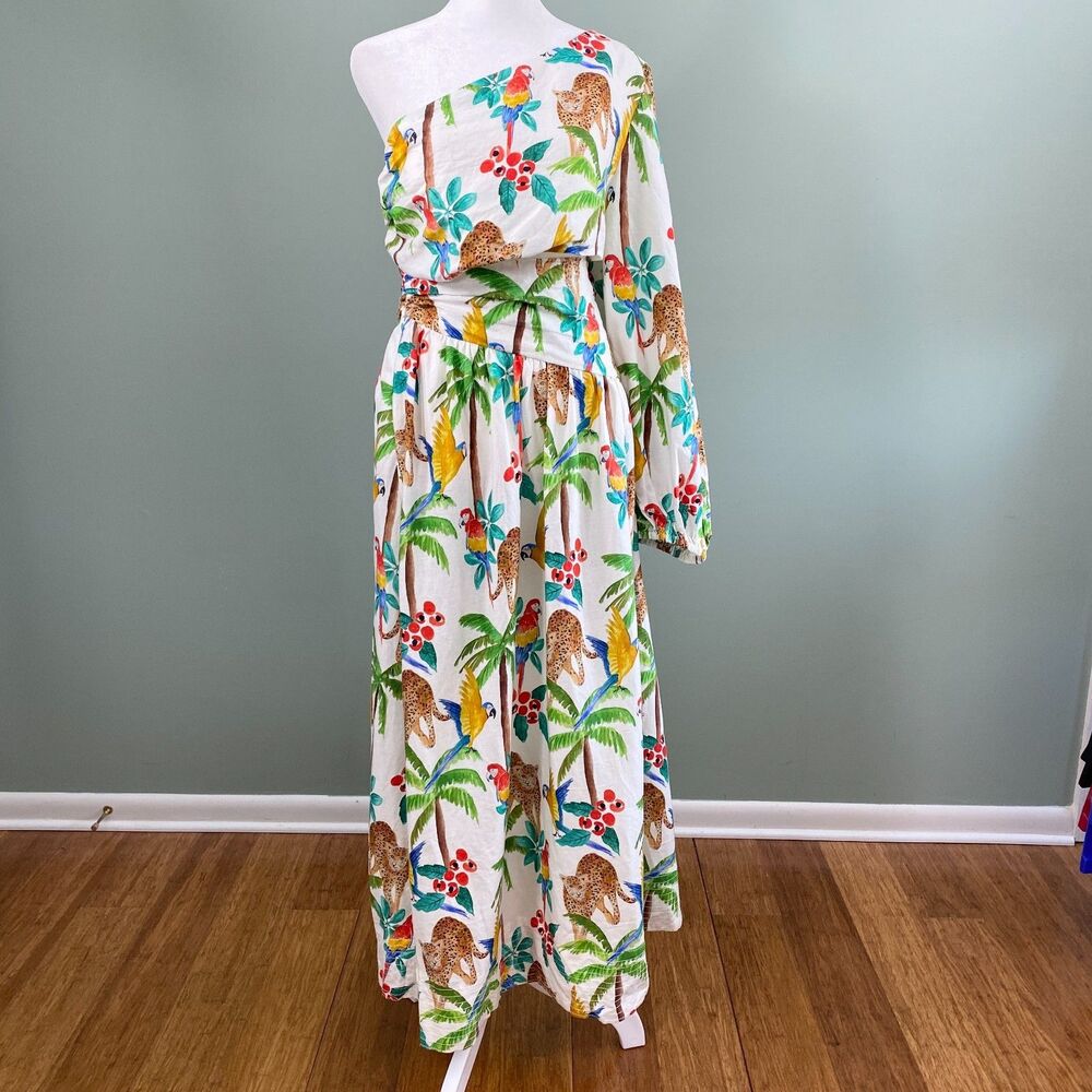 Farm Rio Midi Dress Tropical Paradise One Shoulder Womens Large Cutout Waist - Picture 2 of 13
